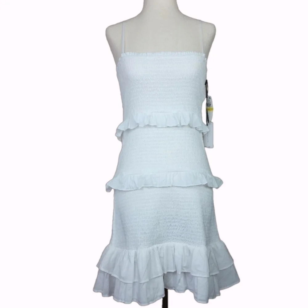 New 1 State Cotton Bodycon Smocked Tiered Pull On Spaghetti Strap Mini Dress M